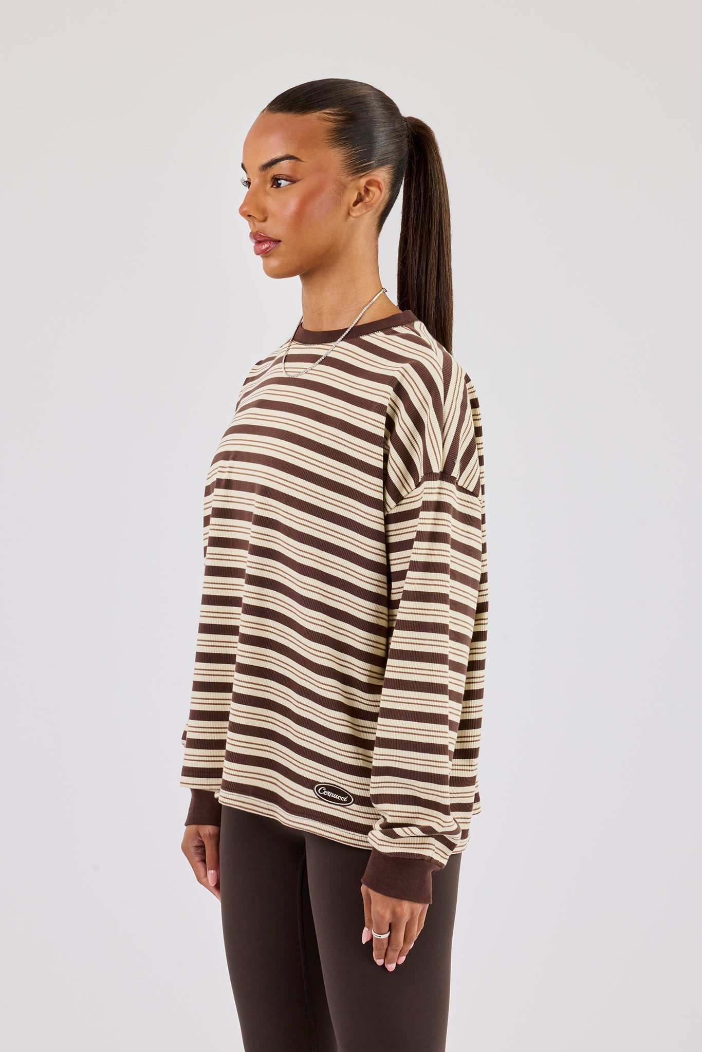 Oversized Stripe Long Sleeve Top - Brown